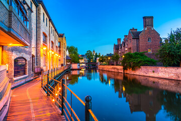 Sticker - Cambridge city water canal at dusk. England 