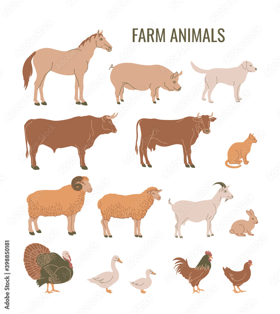 Farm animals set of horse, pig, dog, bull, cow, cat, ram, sheep, goat ...