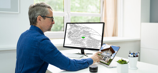 Poster - Cadastral Survey Map On Office Computer