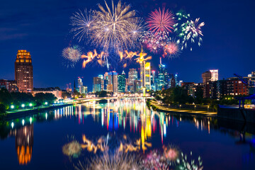 Wall Mural - Frankfurt city skyline with fireworks in Germany 