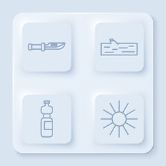 Wall Mural - Set line Camping knife, Wooden log, Bottle of water and Sun. White square button. Vector.