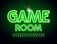 Vector Bright Banner Game Room. Neon Glowing Font. Uppercase Illuminated Alphabet. Green Letters And Numbers