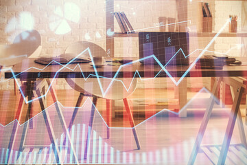 Multi exposure of stock market chart drawing and office interior background. Concept of financial analysis.