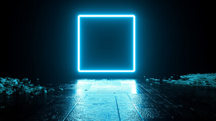 Abstract neon background, mystical space, blue luminous square frame, dark space, ultraviolet light