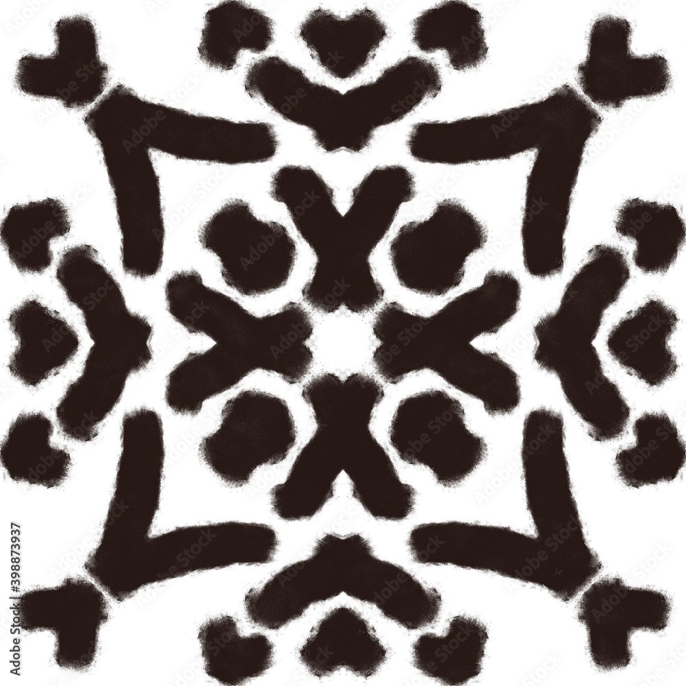 Black charcoal drawn folk tribal print. Abstract kaleidoscope pattern element for surface and textile design. Modern dark geometric ornamental block