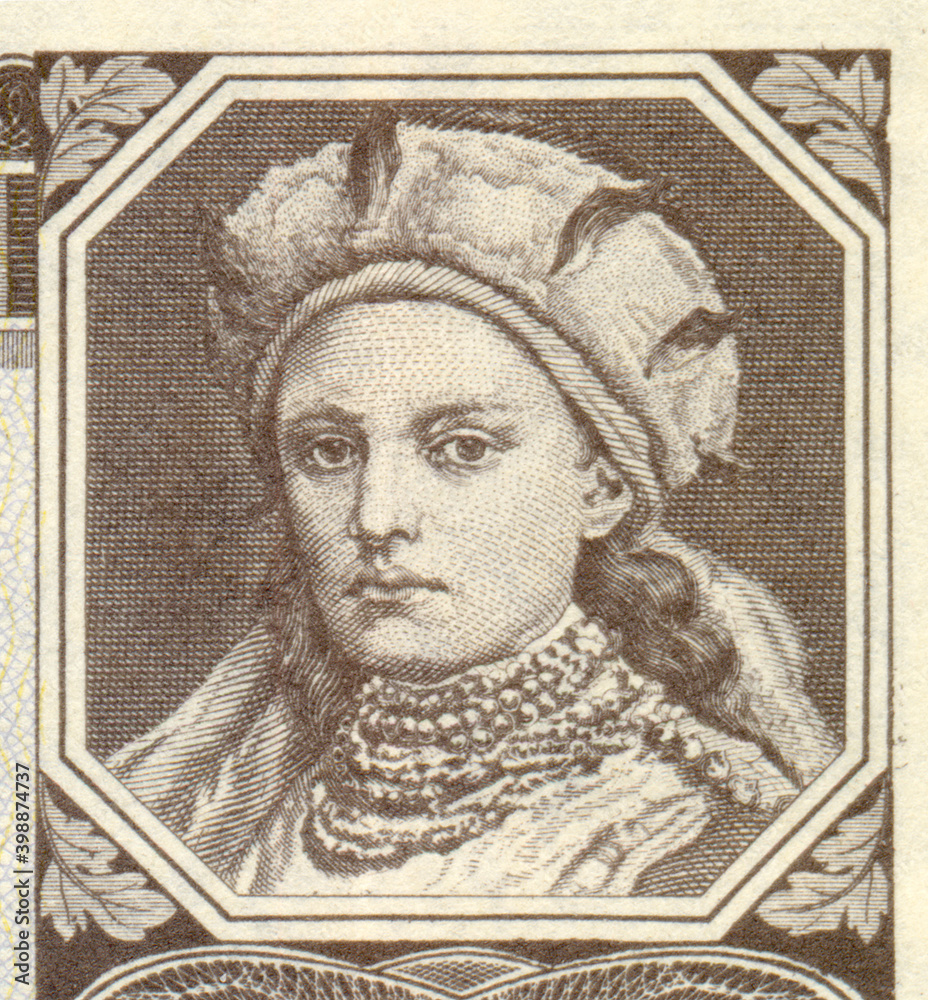 Księżna Dobrawa - żona Mieszka Pierwszego - portret na banknocie polskim - 2 złote 1936									
 - obrazy, fototapety, plakaty 