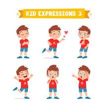 Cute Little Kid Boy In Various Expressions And Gesture Set