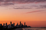 Fototapeta Nowy Jork - Colourful sunset sky, view from Miami hill lookout with Surfers Paradise Gold Coast cityscape in the horizon