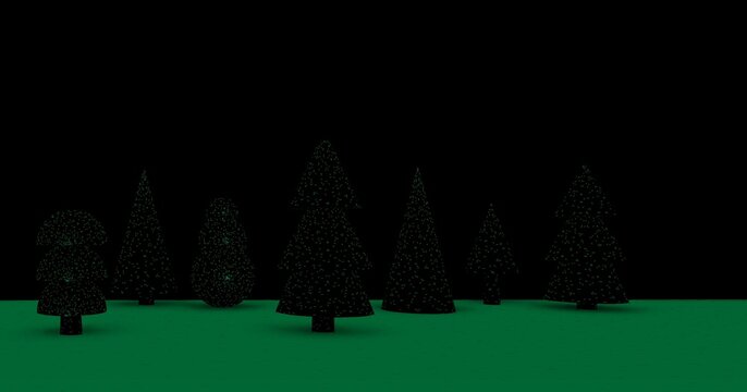 Abstract 3d illustration of a group of Christmas trees in different forms. New Year celebration scene with green ground and black background. 