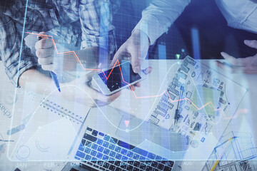 Aufkleber - Double exposure of forex graph drawing and man and woman working together holding and using a mobile device. Trade concept.