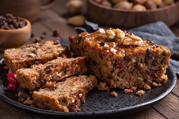 Fruitcake Loaf Sliced on a Plate