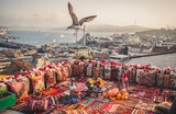 Great panoramic view of Istanbul from high terrace decorated traditional colorful ornamental pillows