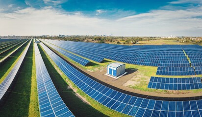 Wall Mural - Large solar power plant on a picturesque green field in Ukraine