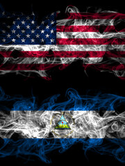 United States of America, America, US, USA, American vs Nicaragua, Nicaraguan smoky mystic flags placed side by side. Thick colored silky abstract smoke flags