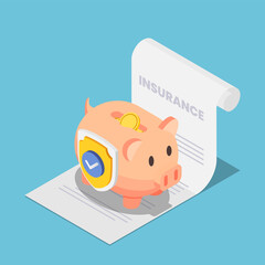 Aufkleber - Isometric Piggy Bank Full of Money with Shield on The Insurance Document