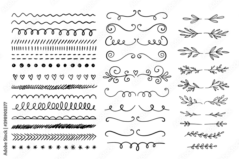 Hand drawn vector dividers. Lines, borders and laurels set. Doodle design elements. - obrazy, fototapety, plakaty 
