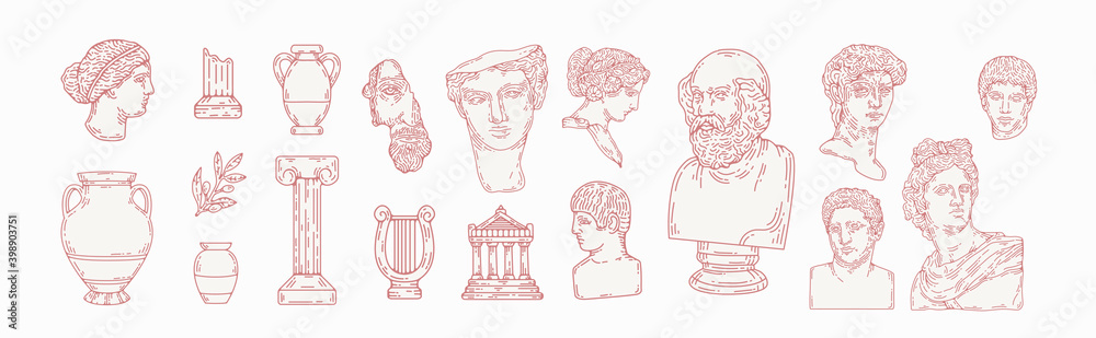 Greek marble statues aesthetic vector hand drawn illustration set. sculptures of human body and architectural elements. greek gods and mythology, ancient greece graphic design elements. - obrazy, fototapety, plakaty 