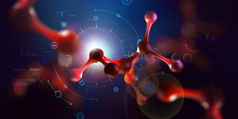 Poster - AI technology. Abstract model molecule. Digital technologies in genetic engineering. Crystal lattice structure. Research in molecular synthesis. 3D illustration with HUD element