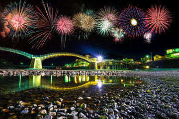 Sticker - Fireworks display at  Kintai Bridge in Iwakuni, Japan