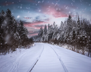 Winter landscape with empty rail tracks. Christmas background with snowy  trees.  Holidays travel concept  