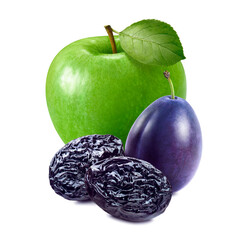 Wall Mural - Green apple, plum and prunes isolated on white background