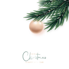 Wall Mural - Minimalist Merry Christmas and Happy New Year greeting banner. Realistic spruce branch with shiny gold bauble isolated on white background. Vector illustration.