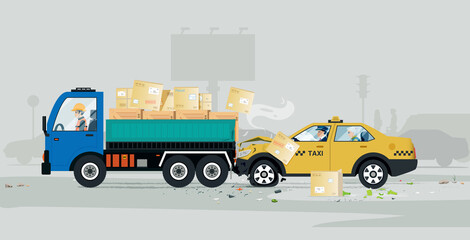 Wall Mural - A taxi had an accident in the back of a cargo truck.