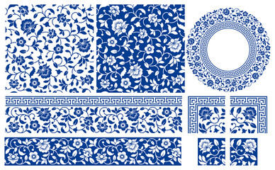 set of floral design elements. seamless patterns, seamless borders, circle frame. beautiful for any 
