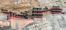 The Hanging Temple Or Hanging Monastery Near Datong In Shanxi Province, China. The Hanging Temple Is A Major Tourist Sight Near Datong. Close Up View Of The Ancient Temple On The Cliff.