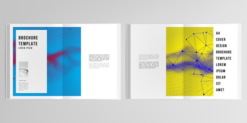 3d realistic vector layout of cover mockup templates for A4 bifold brochure, flyer, cover design, book design. Colorful wavy particle surface background for technology or science cyber space concept.