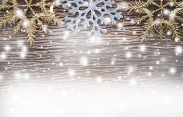 Christmas, new year card template background texture on white and frame with snowflakes blurred. winter season concept. 