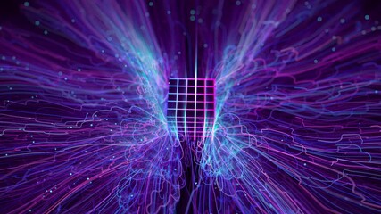 Poster - 4k futuristic technology. cyber cube. neon wireframe. abstract motion background. glowing energy lin