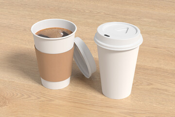 Two white take away coffee paper cups mock up with white lids on wooden background. Opened (with holder) and closed disposable cups.