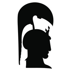 Head in profile of ancient Greek goddess Athena Pallas in helmet. Black silhouette on white background.