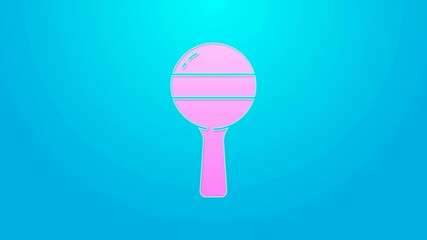 Sticker - Pink line Rattle baby toy icon isolated on blue background. Beanbag sign. 4K Video motion graphic animation