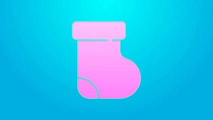 Sticker - Pink line Baby socks clothes icon isolated on blue background. 4K Video motion graphic animation