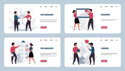 Fototapete - Business people landing page. Websites interface minimalist design. Teamwork and recruitment. Task management and optimization of time and workflow. Cartoon busy men and women, vector web templates