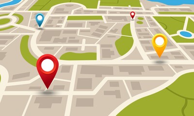 Aufkleber - City map. Navigation plan with pointers. Location and transport moving direction. Layout of houses and buildings, streets or town squares, river and park areas. Cartography mockup, vector illustration