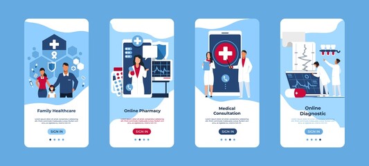 Aufkleber - Mobile application of medical service. Smartphone interfaces. Online consultation and diagnostic. Ordering medicines and making appointment with doctor. Modern touchscreen device templates, vector set
