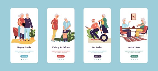 Aufkleber - Mobile application for old people. Senior men and women play sport games, riding motorcycles, organizing meetings with family and friends. Smartphone interfaces, vector modern device screens flat set