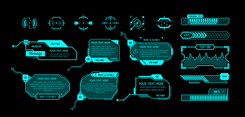 HUD banners. Futuristic interface elements with copy space. Callout message boxes and infographics, weapon sights. Isolated neon borders with text on black background. Fluorescent frames, vector set