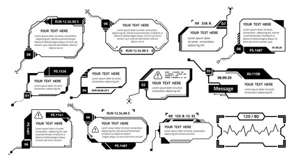 Aufkleber - HUD banners. Callout boxes for system information and massages. Futuristic interface elements with place for text and infographics. Isolated computer video game interface, vector black frames set