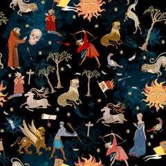 medieval astrology seamless pattern. ancient book vector illustration. esoteric magic manuscript. sa