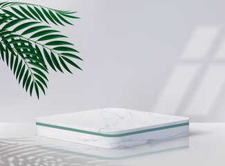 Poster - Minimal podium. Realistic empty pedestal for cosmetic product. 3D blank platform with white marble surface, overlay effects of plants shadows and light from window. Vector decorative square showcase