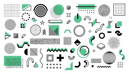Poster - Minimal memphis shapes. Abstract geometric graphic elements. Black and green figures, dots and lines. Isolated round and square forms on white background. Decorative banner, vector flat illustration