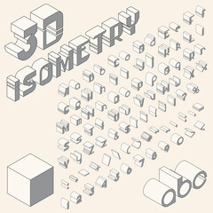 Fototapete - Vector isometric 3d font. Grayscale collection of letters, numbers and punctuation marks