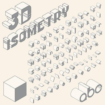 Vector isometric 3d font. Grayscale collection of letters, numbers and punctuation marks