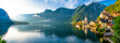 Scenic picture-postcard view of famous Hallstatt mountain village in the Austrian Alps at beautiful light in summer, Salzkammergut region, Hallstatt, Austria