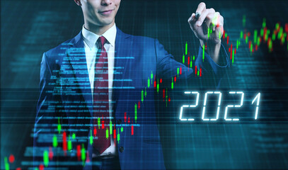 Poster - New year 2021 Finance business investment big data analytic artificial intelligence technology businessman trader writing futuristic candlestick graph chart stock exchange data finance symbol screen