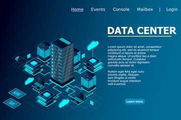 Fototapete - Illustration of servers connected with main server and laptop on blue background isometric design for Data center concept, data center connection, concept of cloud storage, data transfer.